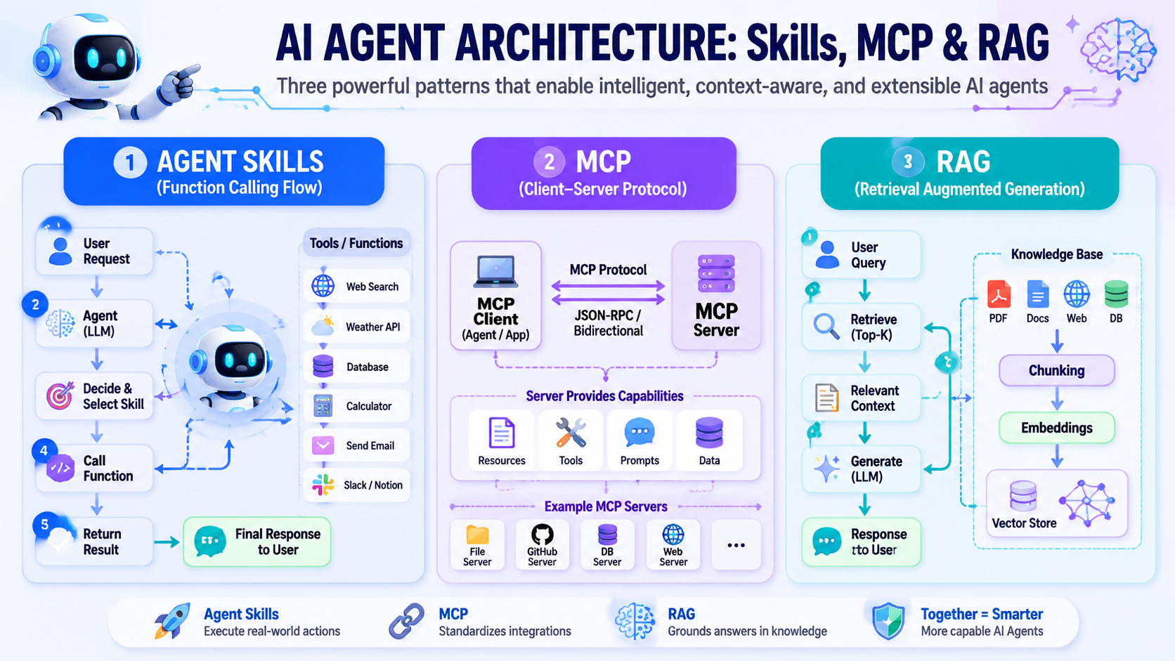 Side-by-side overview of the three technologies: Agent Skills, MCP, and RAG, each shown as a distinct block with its core flow.