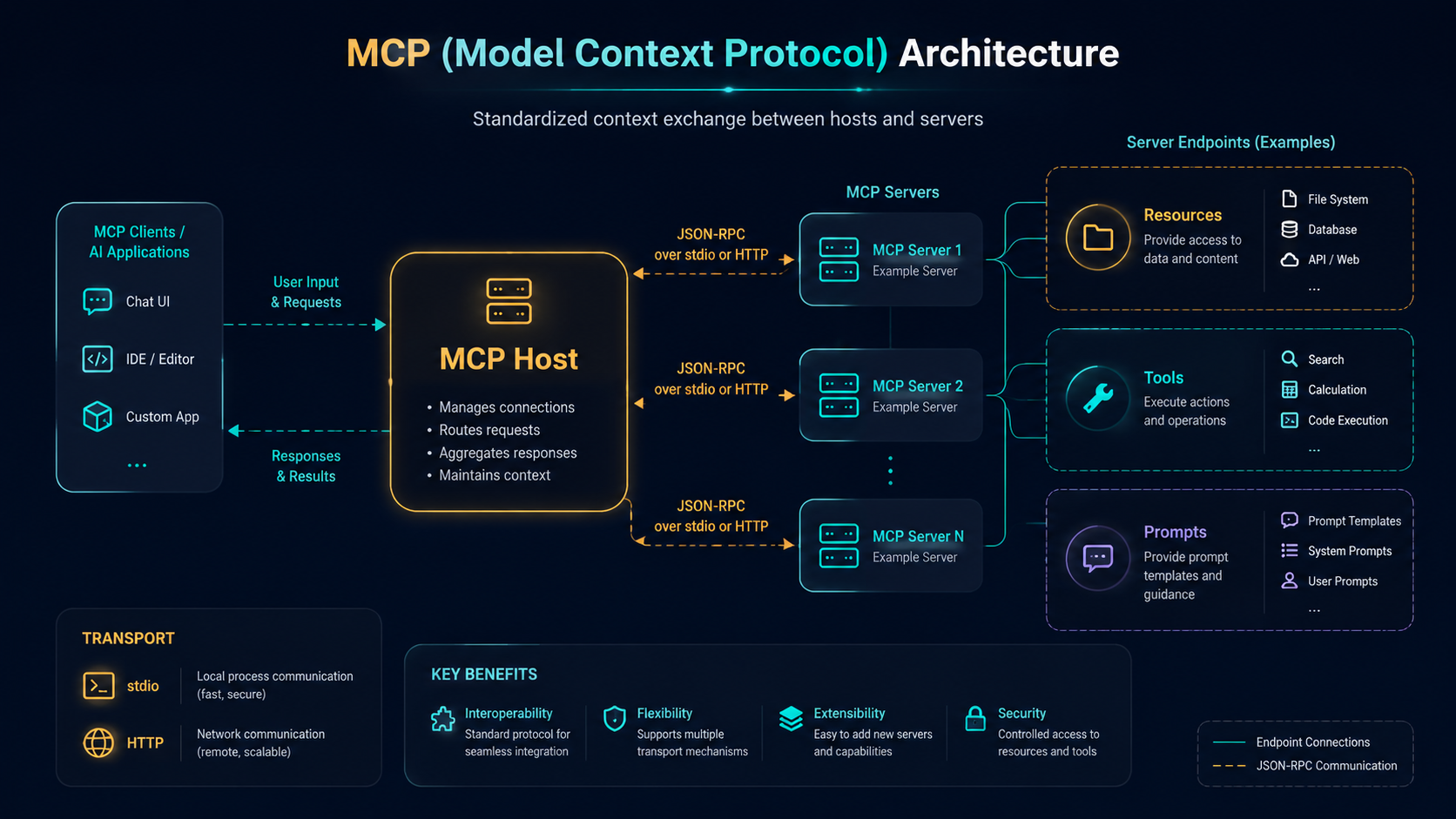 MCP architecture diagram showing an MCP Host communicating with an MCP Server over JSON-RPC via stdio or HTTP, exposing Resource and Tool endpoints.